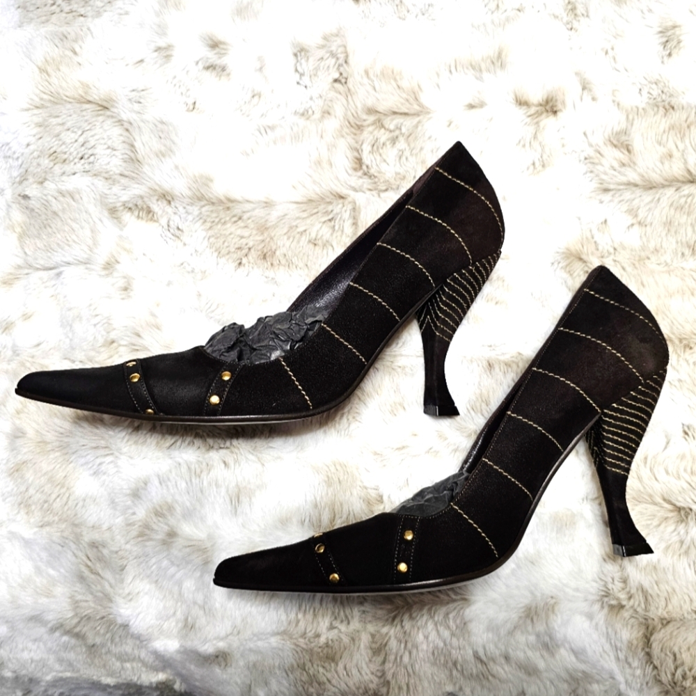 Franco Paolucci pointed‎ toe suede brown/ gold accents, square heel Sz 39 - Picture 3 of 13